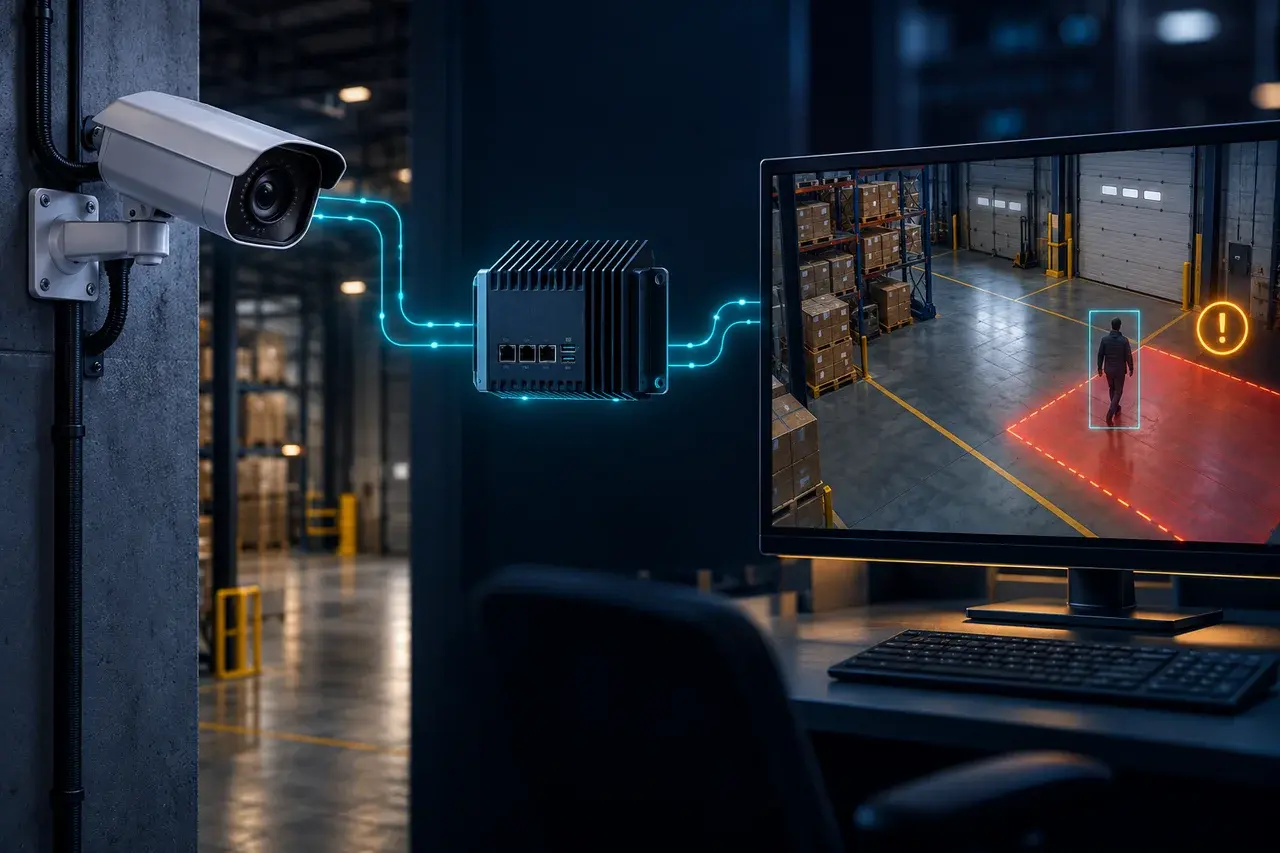 Concept illustration of an existing warehouse CCTV camera connected to an analytics computer and monitoring screen