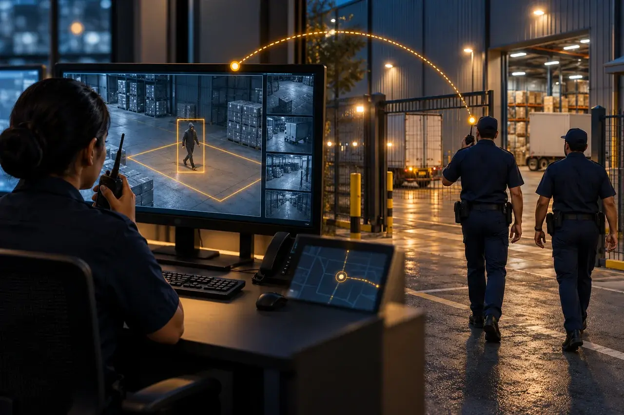 Concept illustration of a control-room operator using a radio to coordinate security guards at a warehouse gate